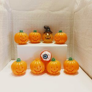 Blow Mold Halloween pumkin light covers plus a scary eyeball. Lot of 9 items.